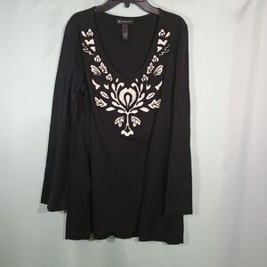 Black Embroidered Tunic Top Women's Long Sleeve Boho V Neck Flowy Blouse